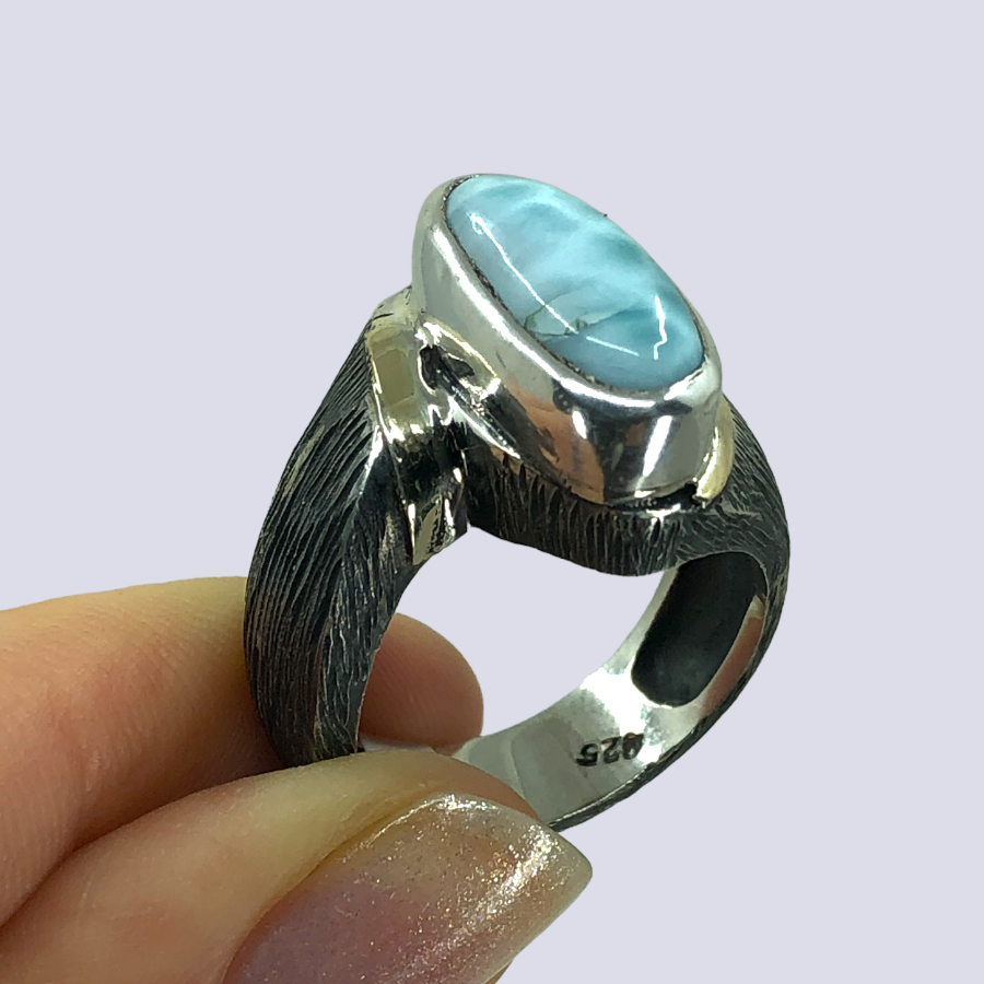 925 Oxidized Silver Ring With Larimar, Size 8.5