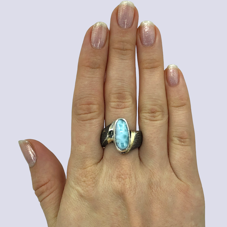 925 Oxidized Silver Ring With Larimar, Size 8.5