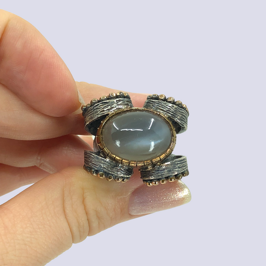 925 Oxidized Silver Ring With Grey Moonstone, Size 8