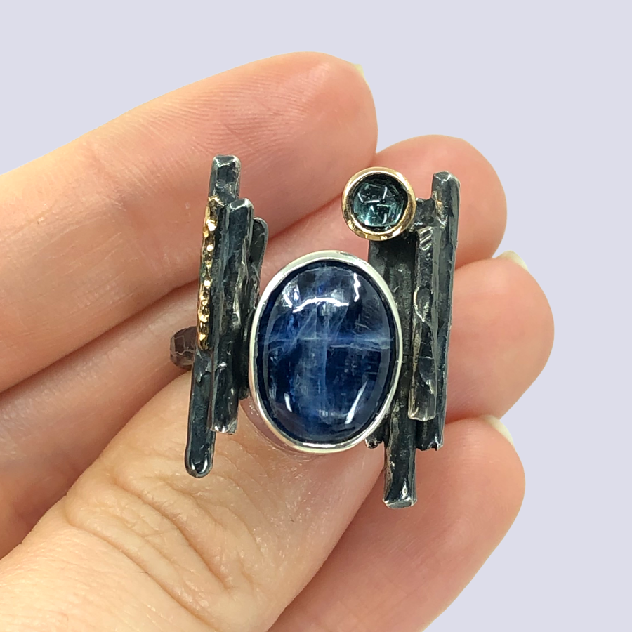 925 Oxidized Silver Ring With Kyanite And Indicolite Tourmaline, Size 8