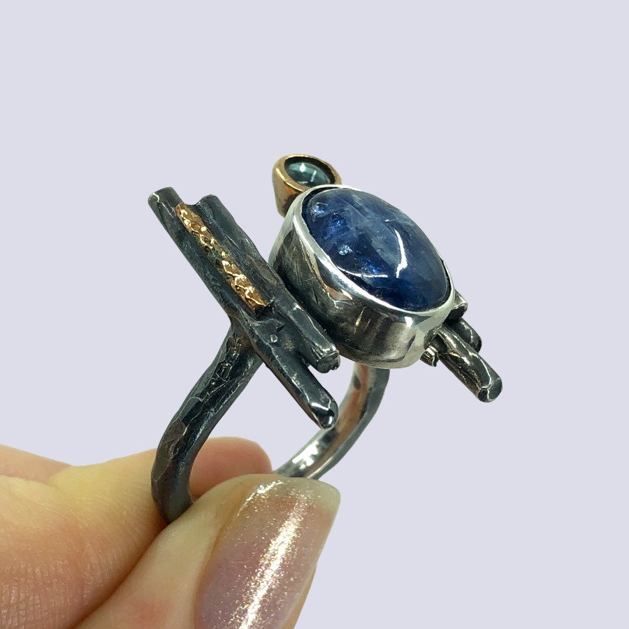 925 Oxidized Silver Ring With Kyanite And Indicolite Tourmaline, Size 8