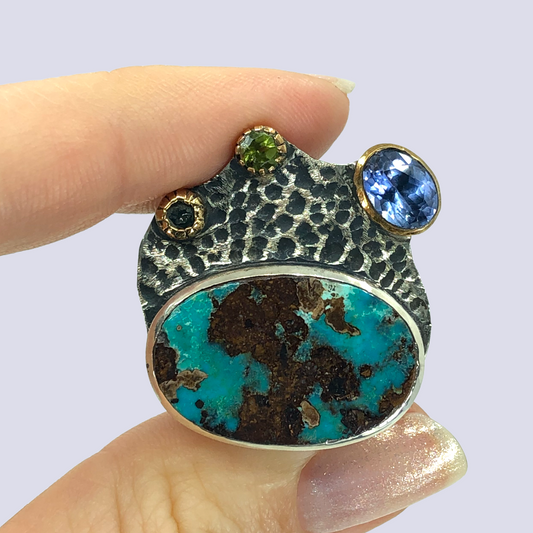 925 Oxidized Silver Ring With Turquoise And Other Gems, Size 8