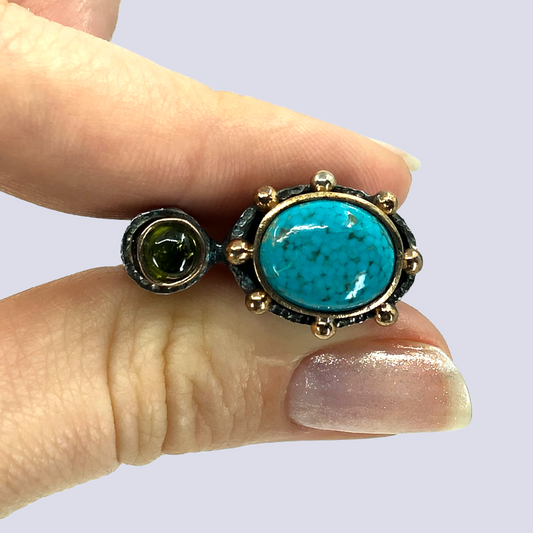 925 Oxidized Silver Ring With Turquoise And Green Tourmaline, Size 7.5