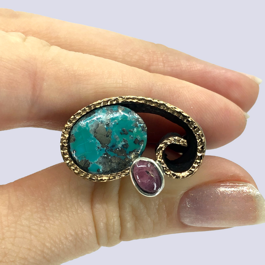 925 Oxidized Silver Ring With Turquoise And Pyrite And Pink Tourmaline, Size 7.5