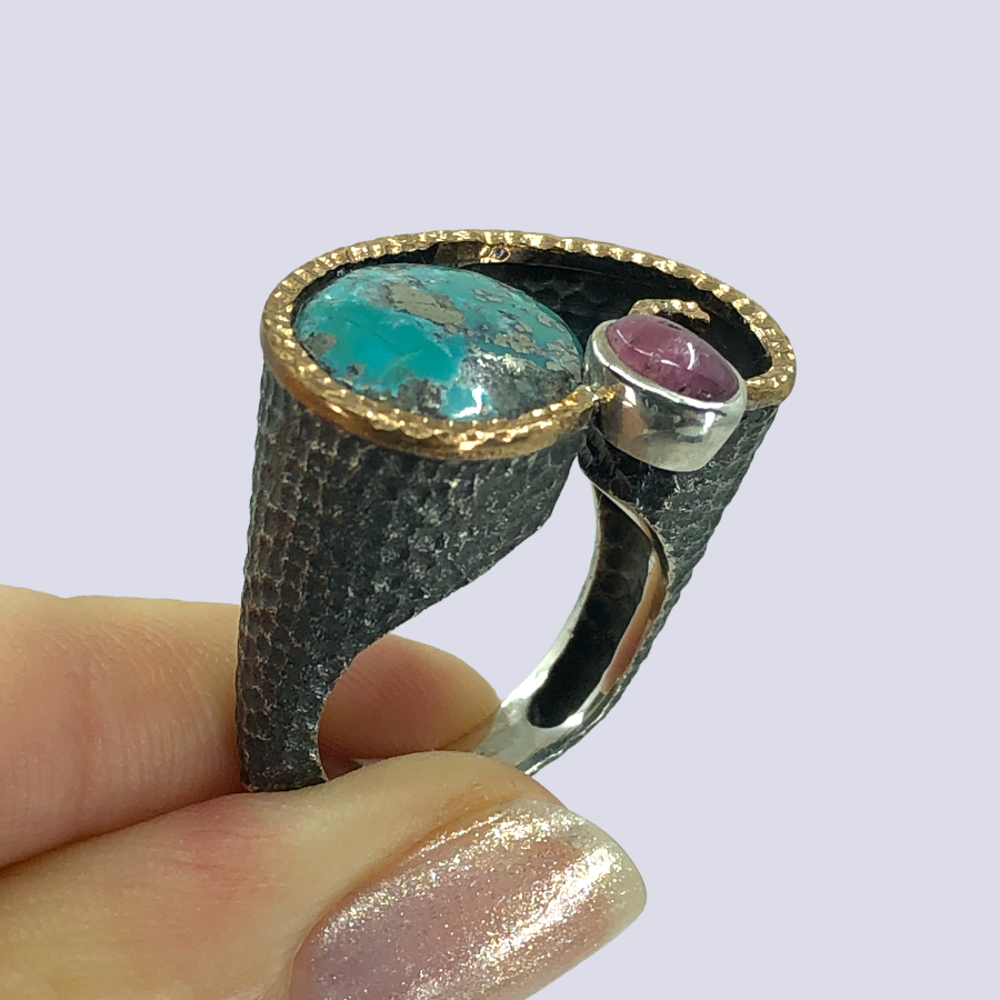 925 Oxidized Silver Ring With Turquoise And Pyrite And Pink Tourmaline, Size 7.5