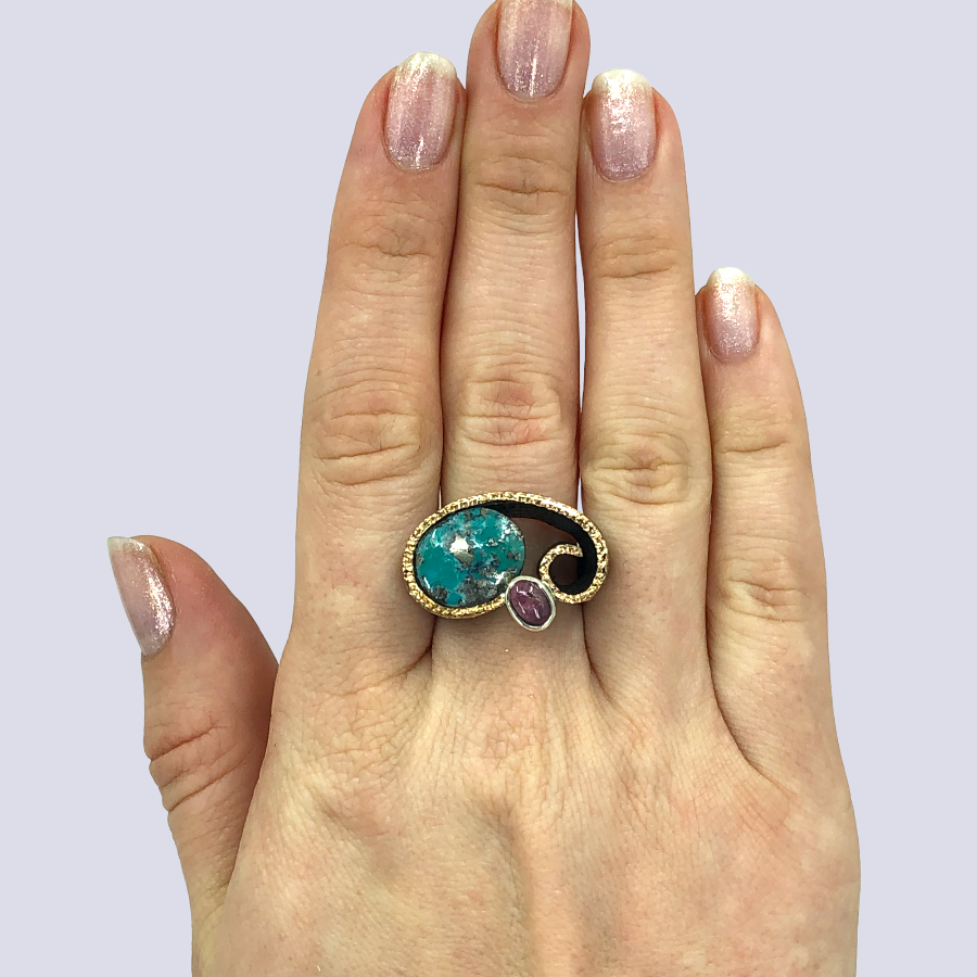 925 Oxidized Silver Ring With Turquoise And Pyrite And Pink Tourmaline, Size 7.5