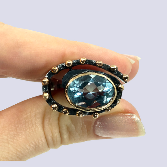 925 Oxidized Silver Swirl Ring With Blue Topaz, Size 8