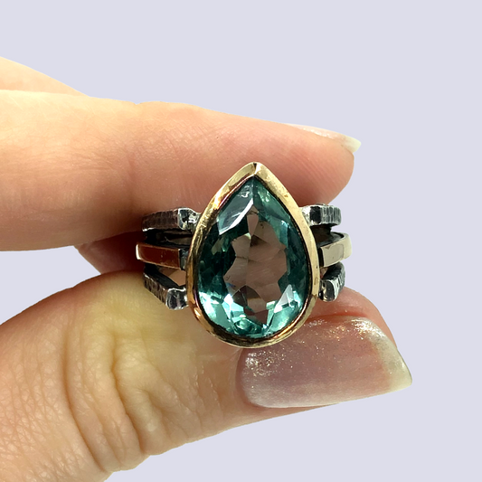 925 Oxidized Silver Ring With Green Amethyst, Size 5.5