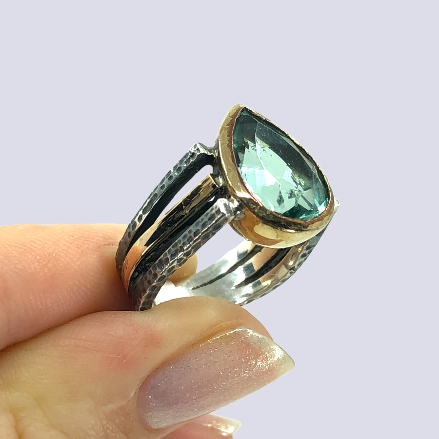 925 Oxidized Silver Ring With Green Amethyst, Size 5.5