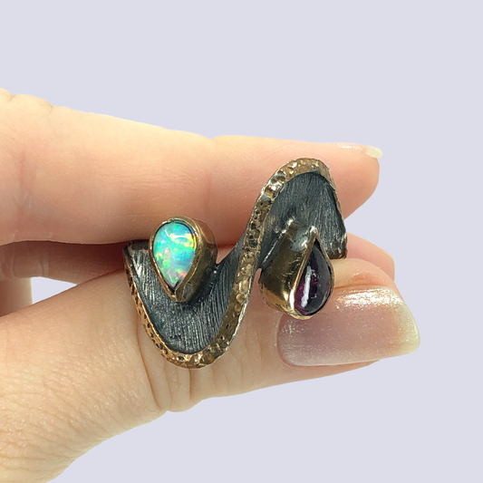 925 Oxidized Silver Wave Ring With White Opal And Rubellite Tourmaline, Size 7,5