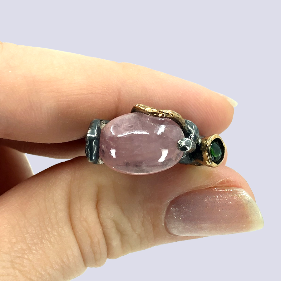 Oxidized 925 Sterling Silver Ring With Pink And Green Tourmalines, Size 7