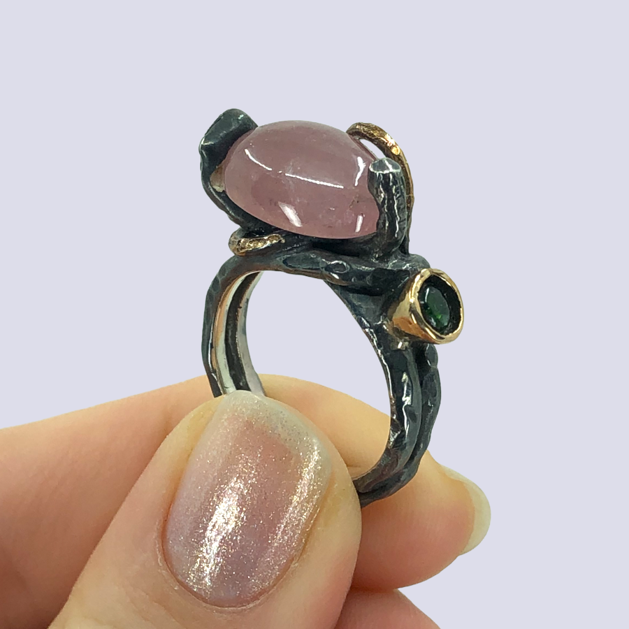 Oxidized 925 Sterling Silver Ring With Pink And Green Tourmalines, Size 7