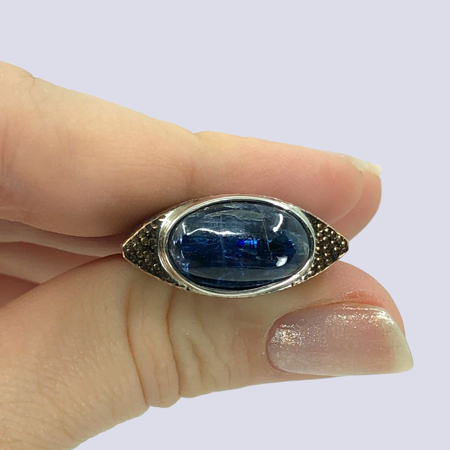 Oxidized 925 Sterling Silver Ring With Kyanite Cabochon, Size 7