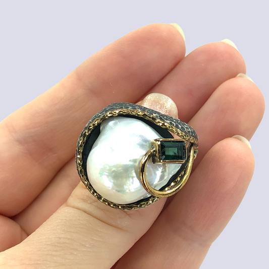 925 Sterling Silver Ring With Baroque Pearl And Green Tourmaline, Size 10