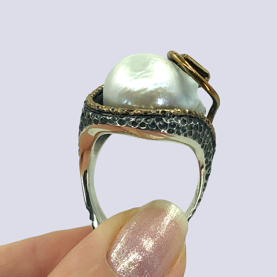 925 Sterling Silver Ring With Baroque Pearl And Green Tourmaline, Size 10