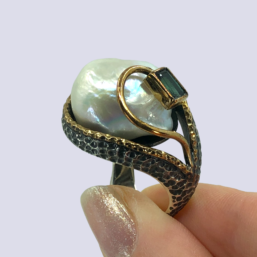 925 Sterling Silver Ring With Baroque Pearl And Green Tourmaline, Size 10