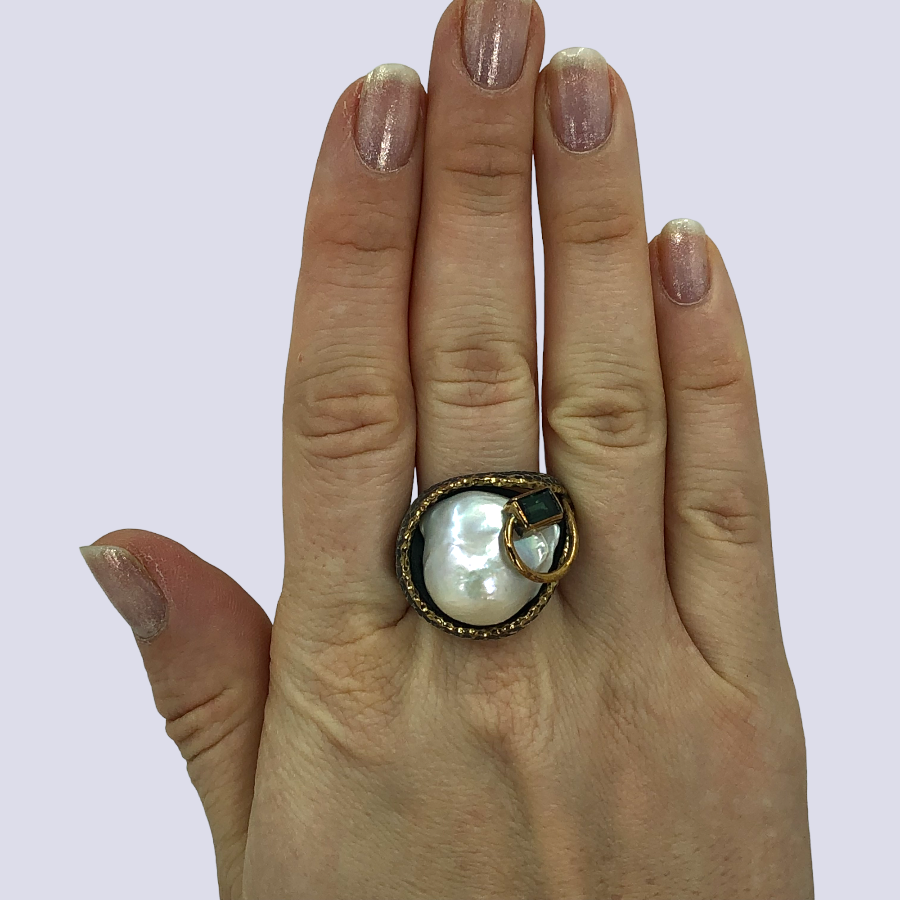 925 Sterling Silver Ring With Baroque Pearl And Green Tourmaline, Size 10