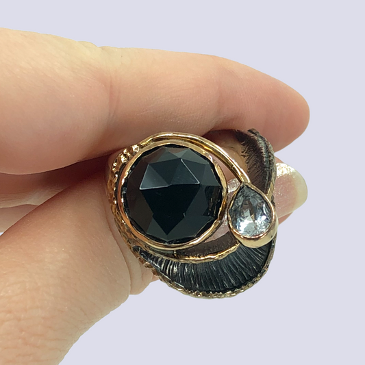 925 Sterling Silver Ring With Black Spinel And CZ, Size 9