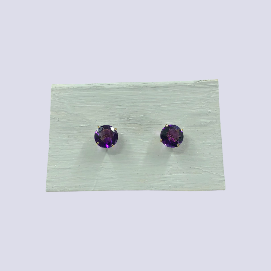 14K Yellow Gold Stud Earrings Inlaid With Amethyst